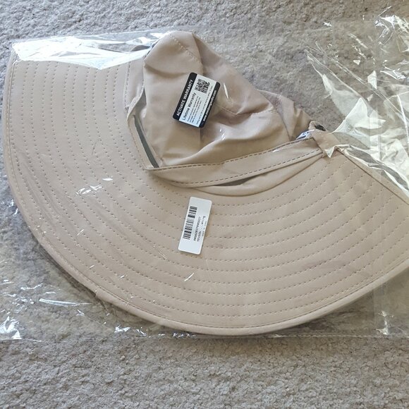 New, never-worn tan hiking hat with wide brim, drawstring for secure fit - Picture 1 of 4